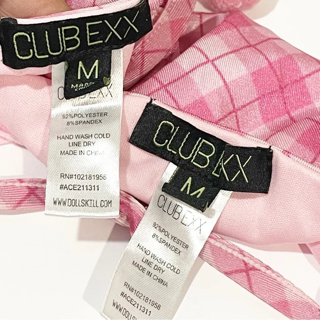 Dolls Kill Club Exx Pink Tartan Plaid‎ Pom Pom Strings Bikini Set Swim Rave - Image 6
