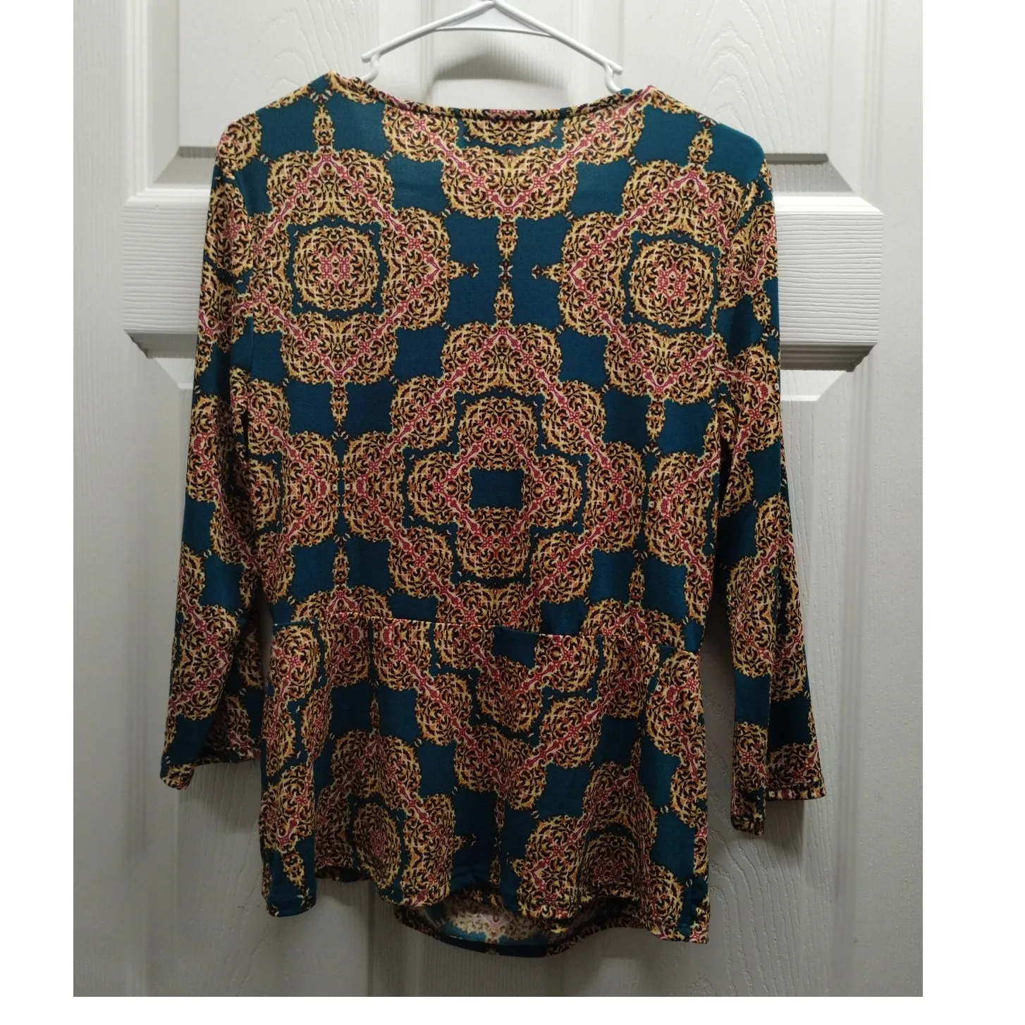 Bold Elements Size Medium Teal & Gold Patterned Faux Wrap Asymmetric Top - Image 3