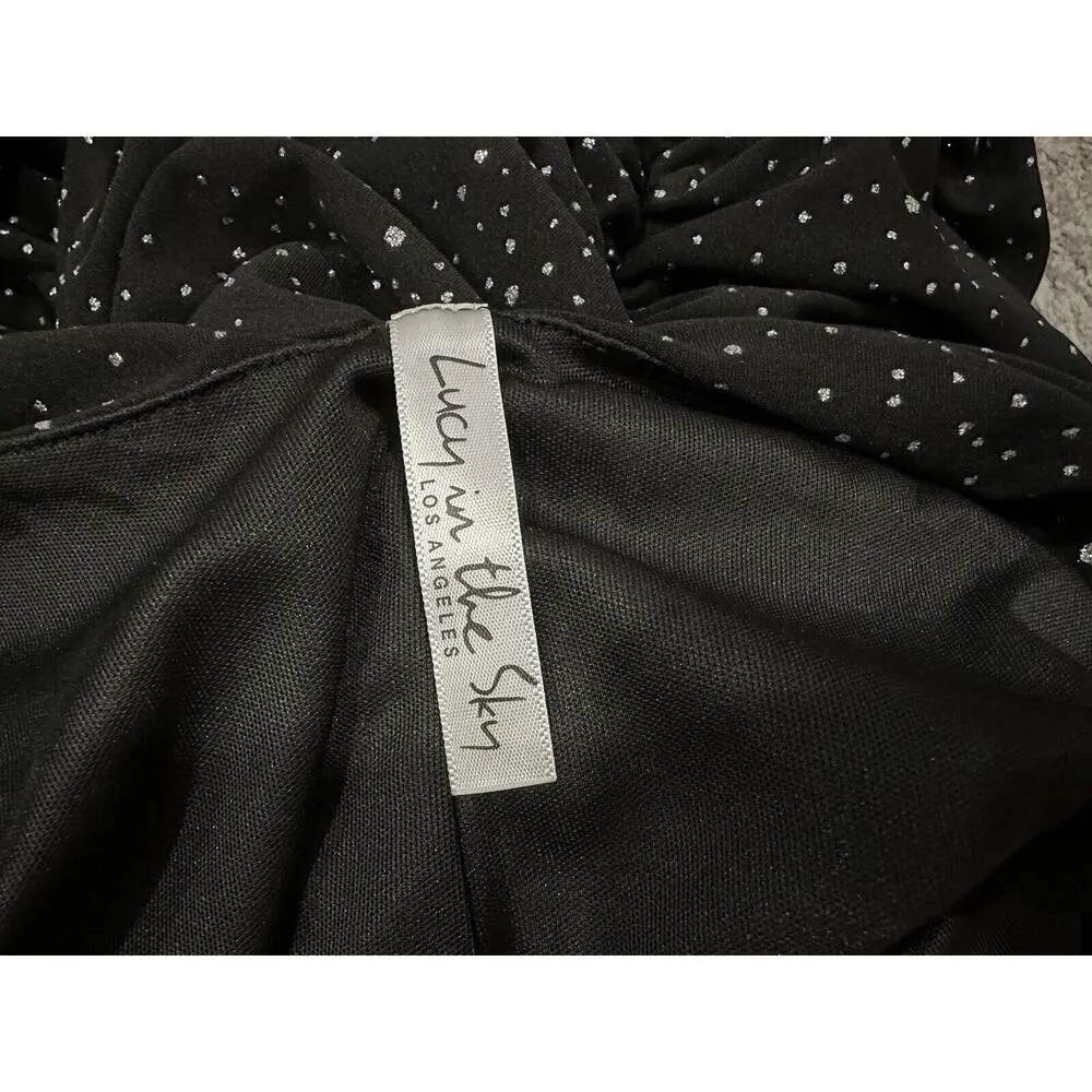 Lucy in the Sky  Virginia Ruched Bodycon Dress In Black Silver Shimmer Large L - Image 6