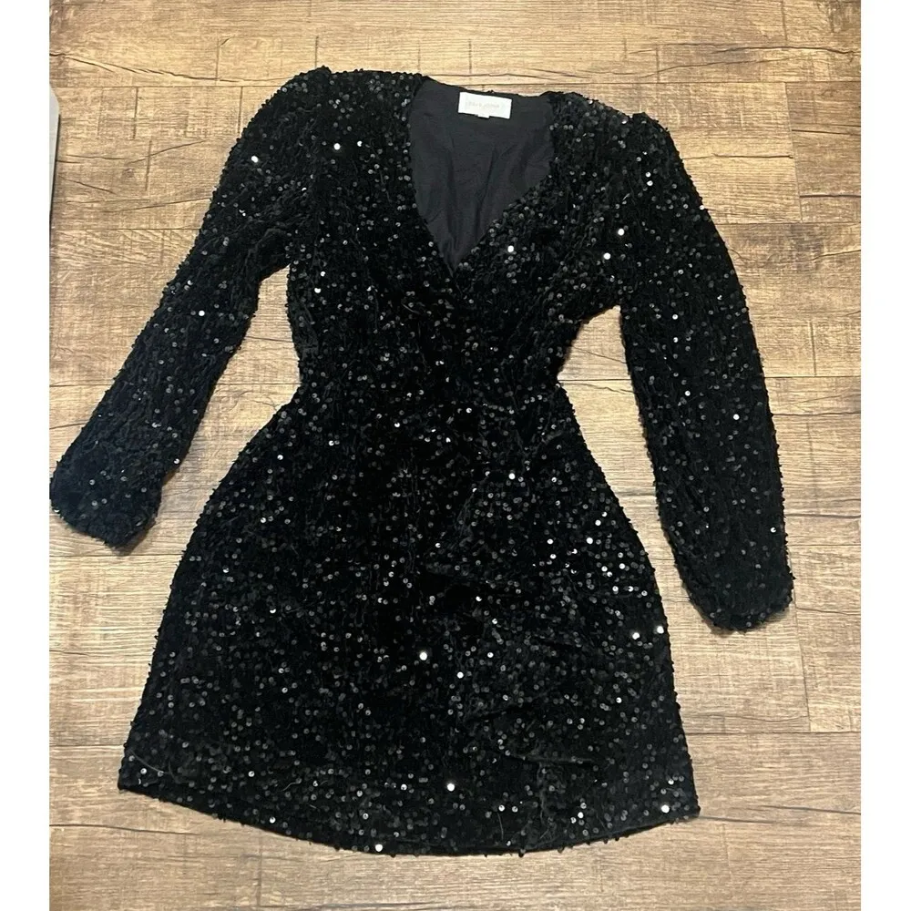 Dear John Jeans Mina front wrap black sequin dress - Image 4