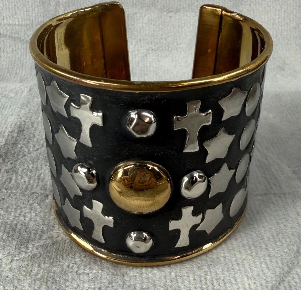 Gold Black Silver Tone Wide Cuff Bracelet Crosses Stars Circle Accents Open Back - Image 10