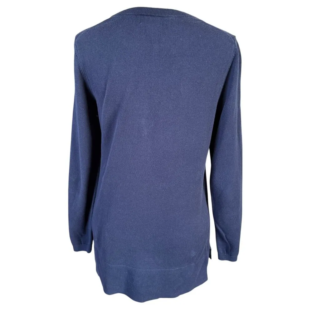 Crown & Ivy navy blue long sleeve crewneck stretchy pullover flamingo top XS - Image 4