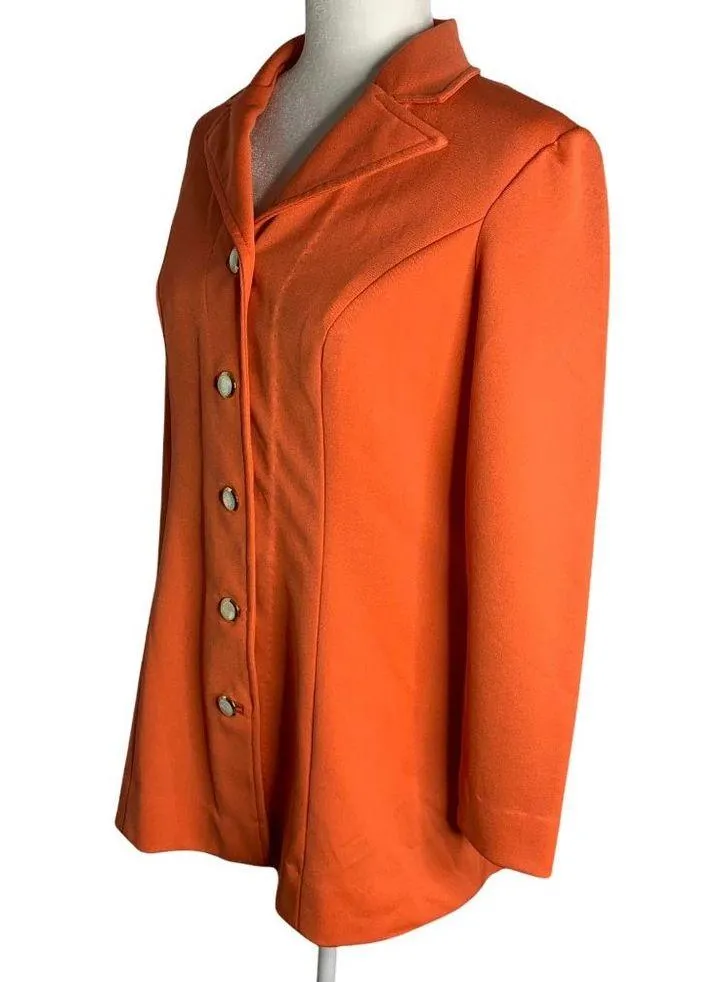 Vintage 70s Leisure Pant Suit S Orange Stretch Knit Buttons Pockets Zipper - Image 4