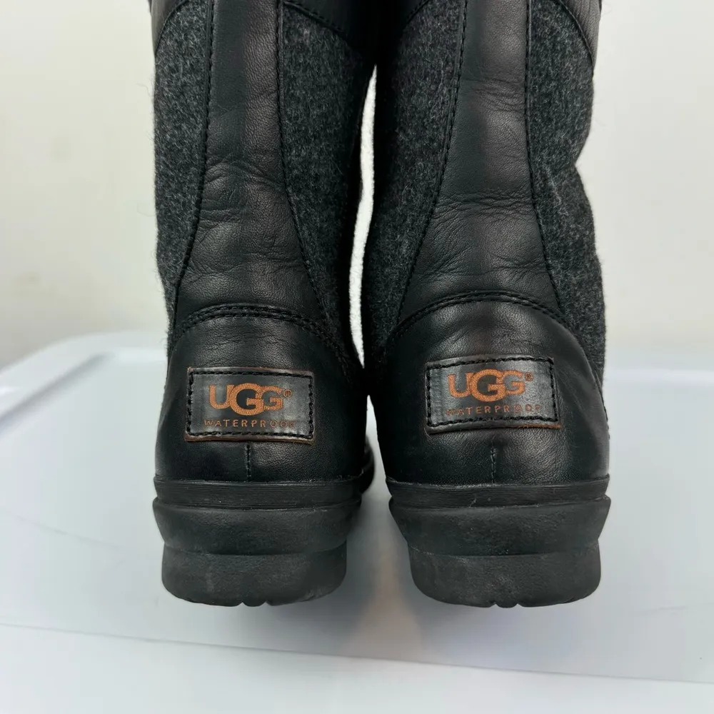 UGG Elvia Black Leather Waterproof Boots Sz 6 Knee High Lace Up Wool Lined - Image 16