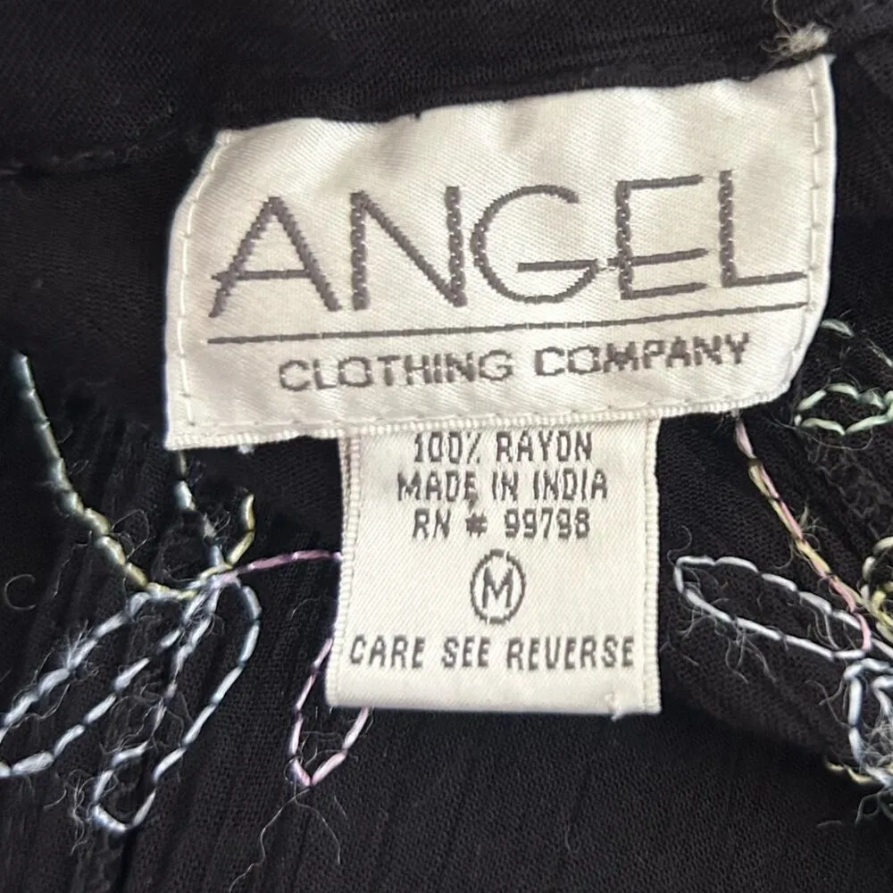 Vtg Angel Pastel Rainbow Embroidered Butterfly Flower Black Knee Length Dress Size M - Image 4