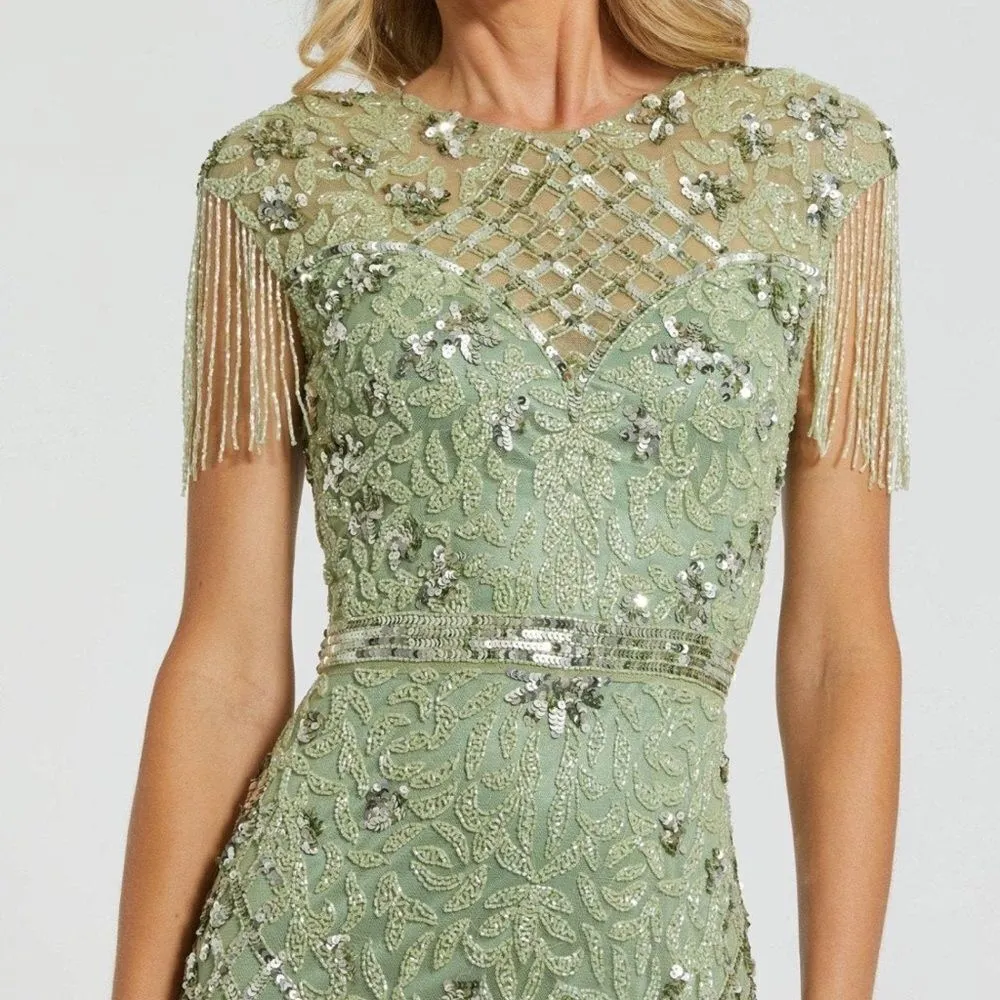 MAC DUGGAL 4908 Size 2 High Neck Sleeveless Beaded Fringe Fitted Gown Dress - Image 3