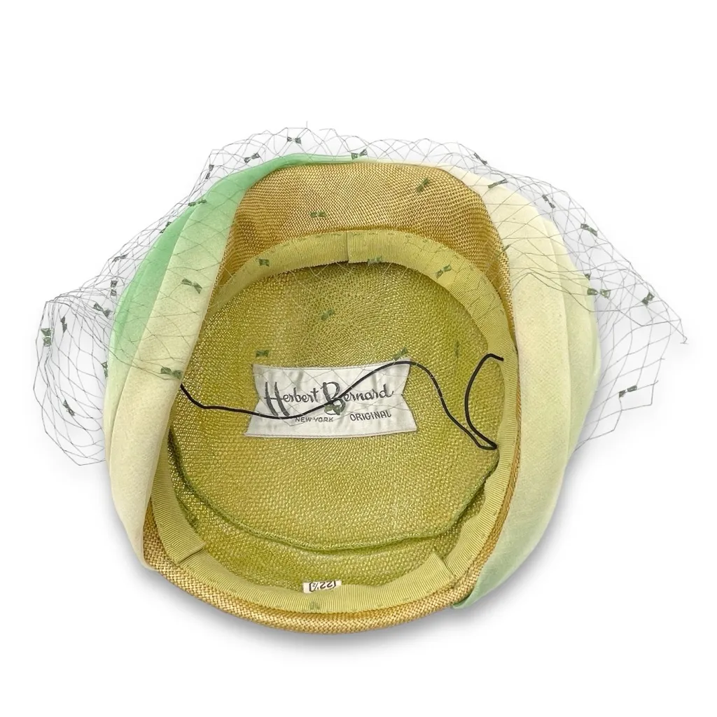 Vintage 1950s Ombre Silk & Straw Pillbox Hat Rhinestone Clip With Mesh Veil 22.5 Green - Image 11