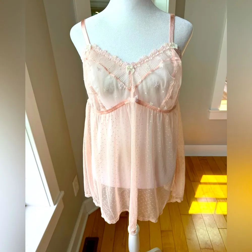 Savage X Fenty Blush Pink Daisy Babydoll Slip Embroidery Swiss Dot Sheer Mesh 1X - Image 2