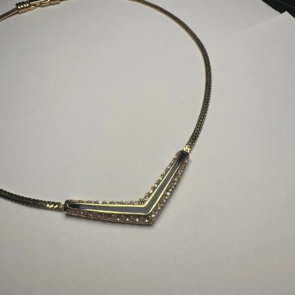 Swarovski (Swan Signed) Crystal & Black Enamel Gold Tone Necklace - Image 3