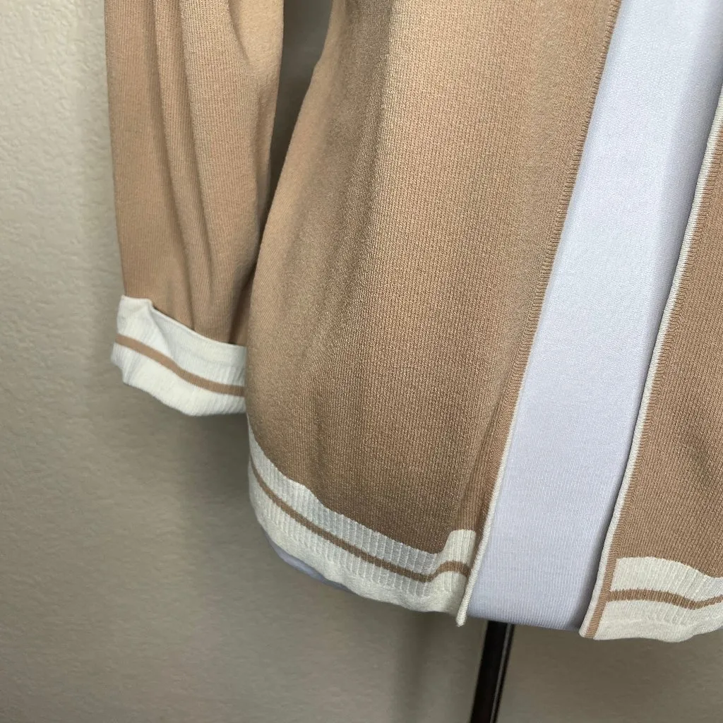 FINITY Tan Contrast Trim Cardigan XL Slinky Knit Single Button Old Money Chic - Image 3