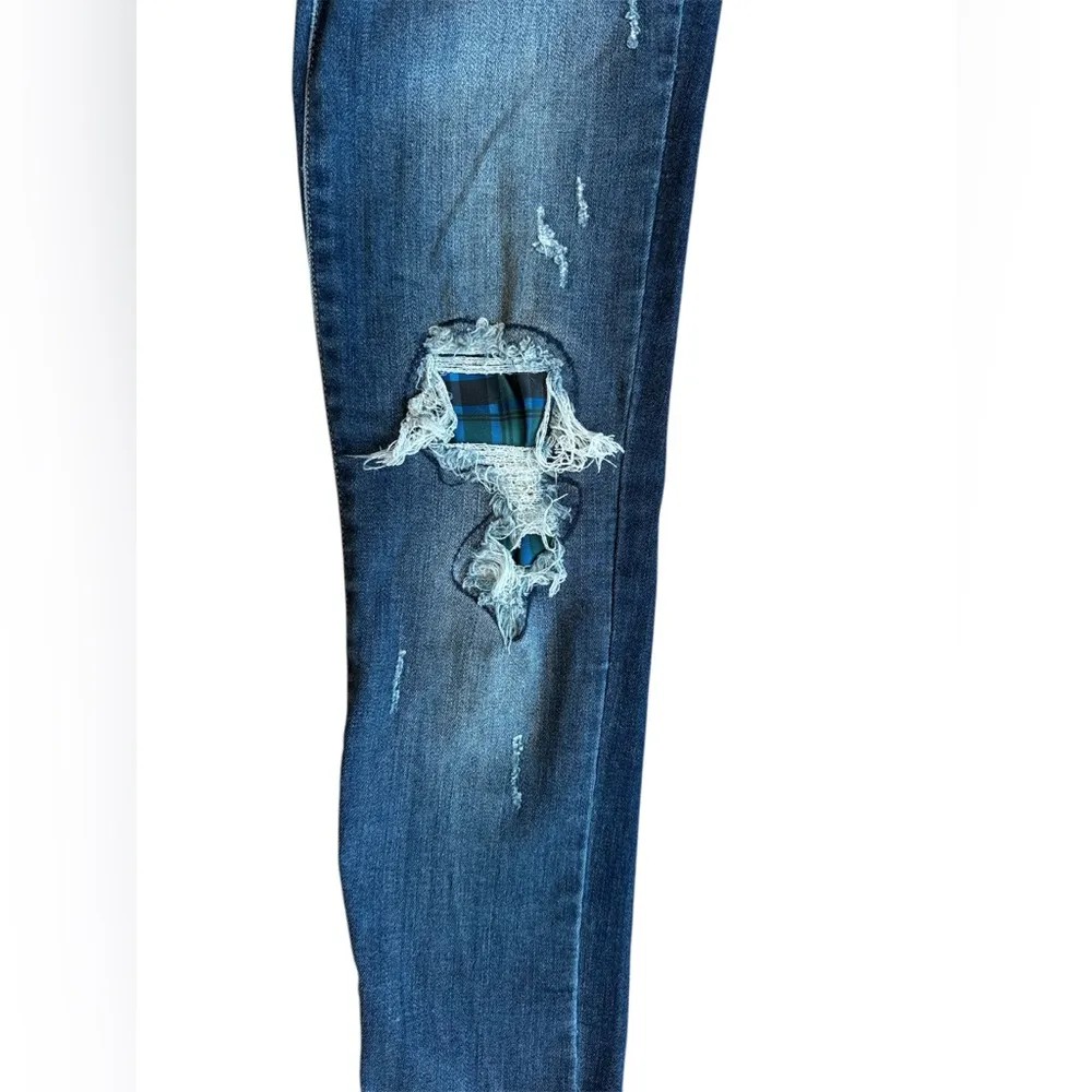 JUDY BLUE Green Blue Plaid Patch Skinny Fit Jeans Size 0/24 Women’s - Image 3