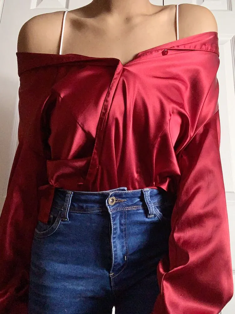 “Silk” Red Button Down Shirt Size L - Image 4