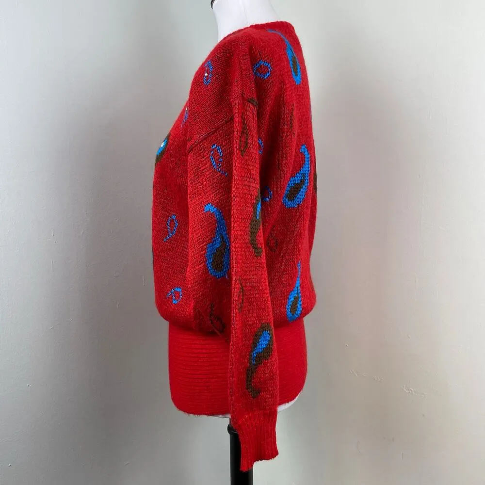 Diane Von Furstenberg Vintage 80s Red Wool Balloon Sleeve Paisley Sweater Small - Image 6