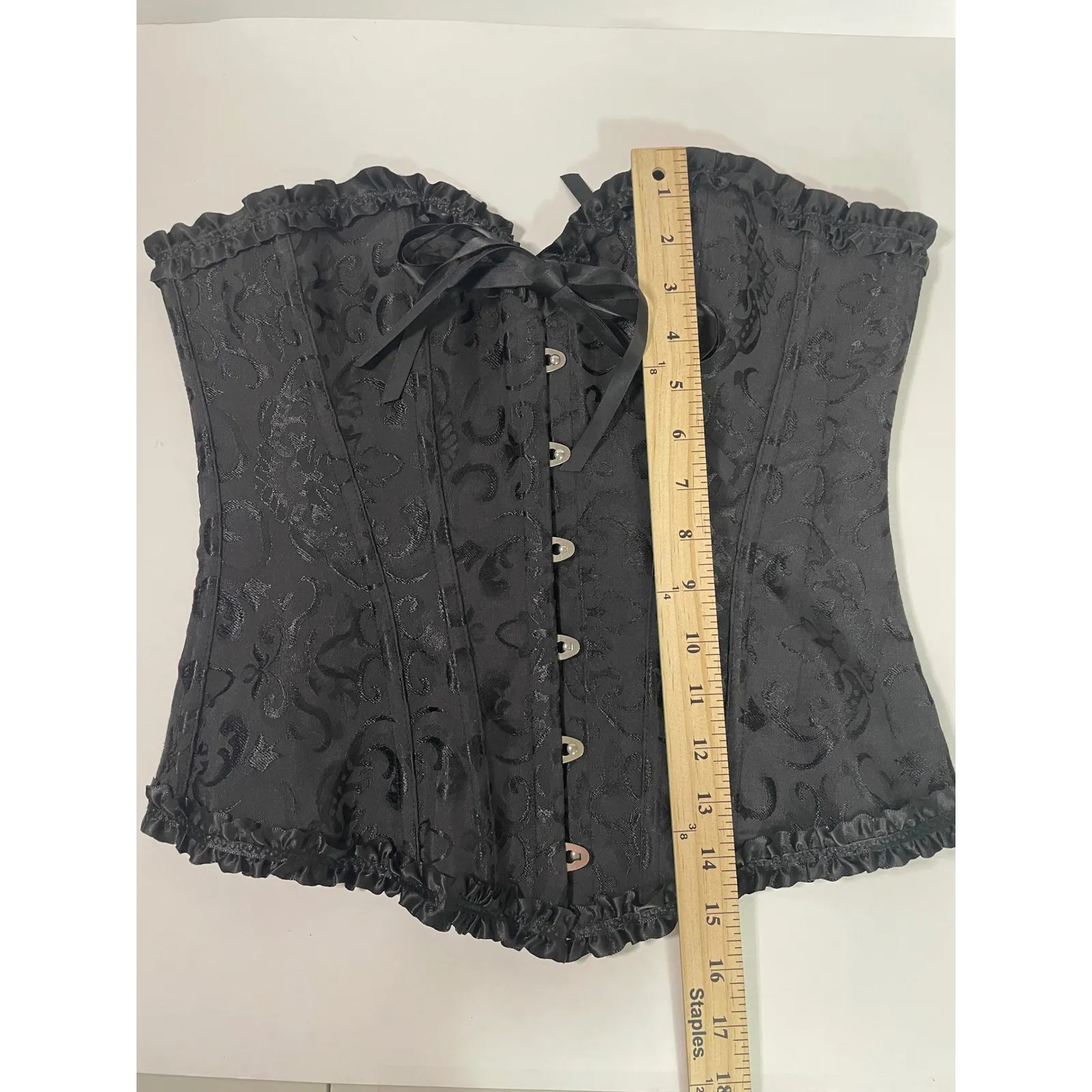 Black Jacquard Brocade Corset Bustier Ruffle Lace Up Front Boned Women's Size M Size M - Image 3
