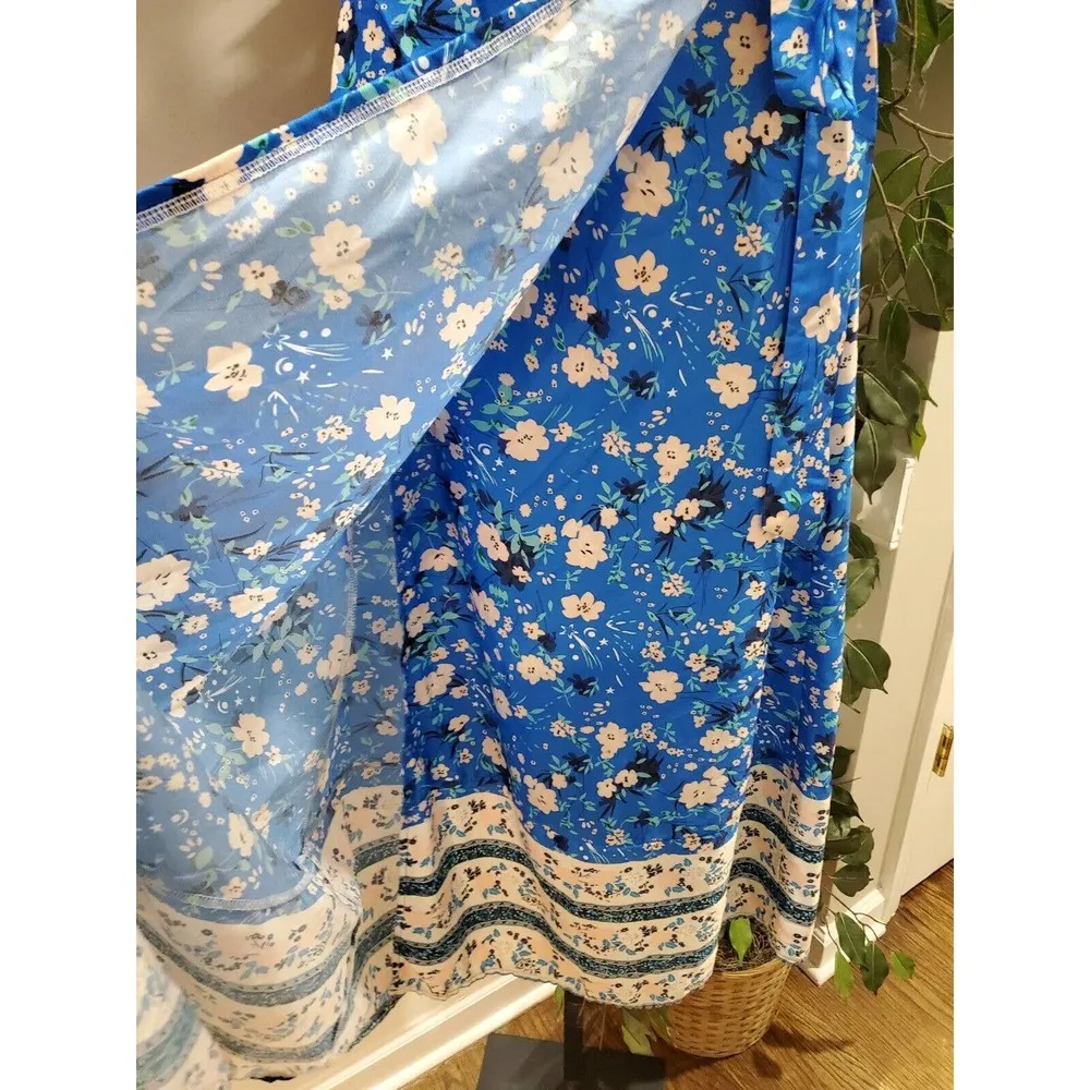 Womens Multi Floral Cotton Wrap V Neck Casual Short Sleeve Long Maxi Dress M Size M - Image 5