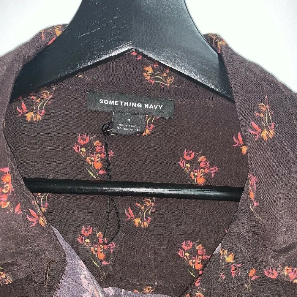 Something Navy Womens Brown Ganache Bohemian Button Down Shirt Floral Top S - Image 4