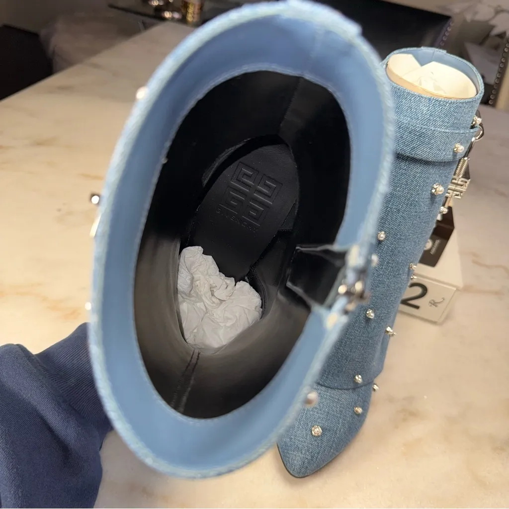 Givenchy 40 Shark Lock Pearl-Embellished Denim Ankle Boots - Image 13