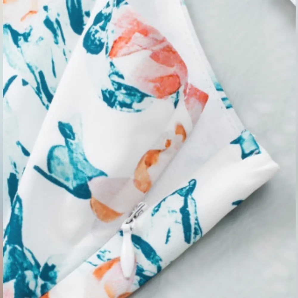 Wide Leg Spaghetti Strap Cropped Romper Jumpsuit Coral Orange Blue Floral Small - Image 7