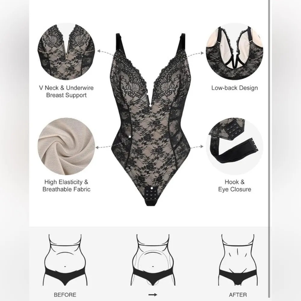 Popilush Lace Body Suits Women Tummy Control Shapewear Deep V Backless Black Size undefined - Image 5