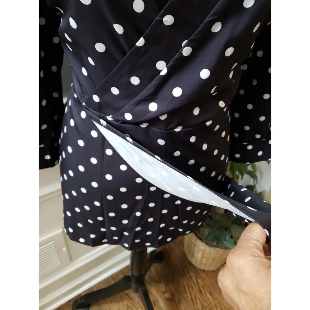 Zara Blouse Women XL Black White Polka Dot Wrap Top 3 4 Sleeve Dressy Shirt - Image 4