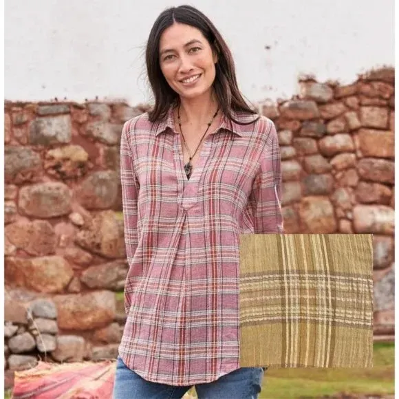 Sundance women's pink plaid pullover blouse size large - Image 2