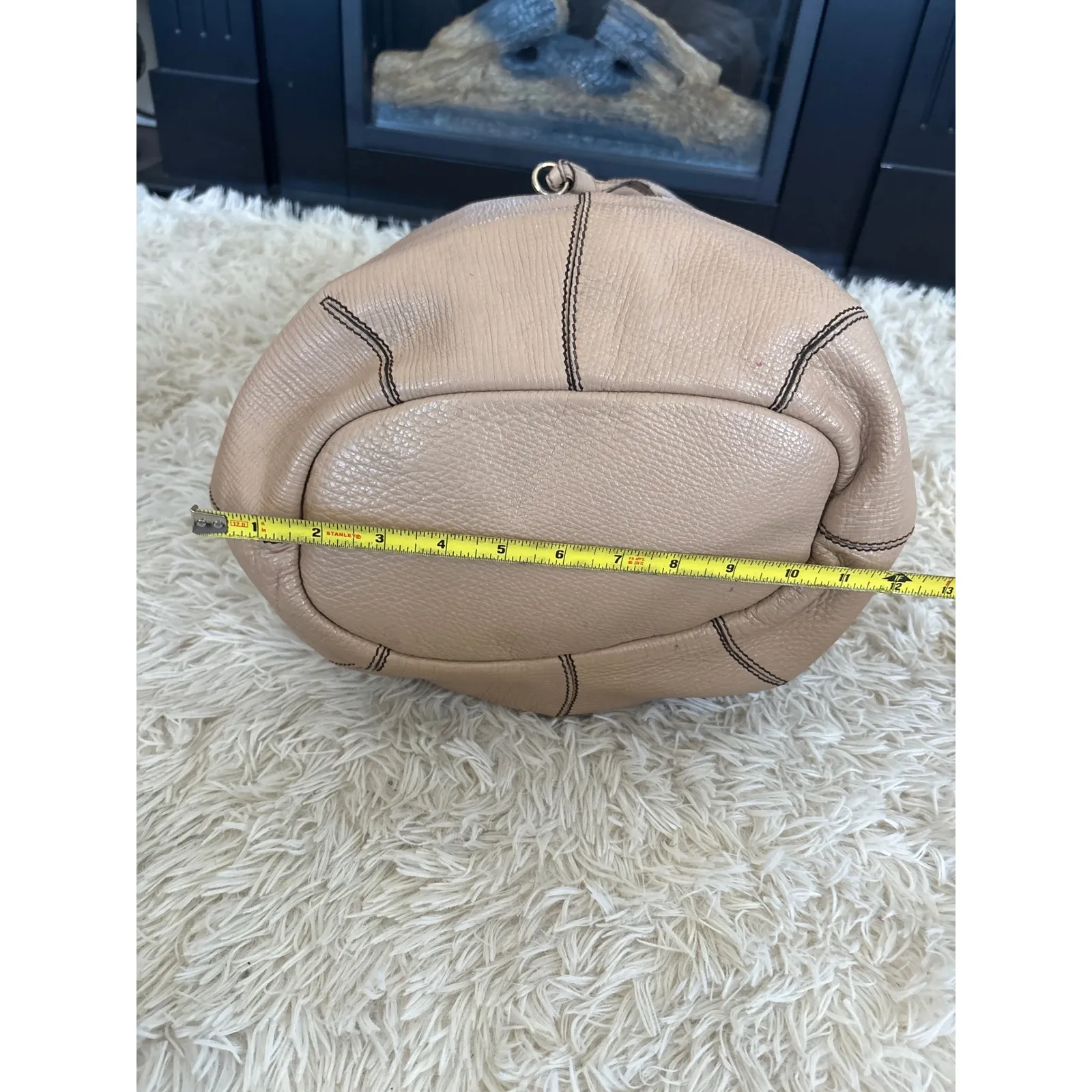 Max Mara Leather Bucket Bag Drawstring Tan Shoulder Crossbody Adjustable Strap - Image 6