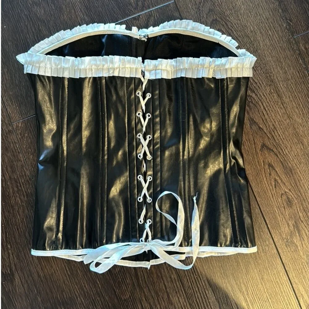 Faux Leather black white trim corset hook and eye closure in front adjustable L - Image 2
