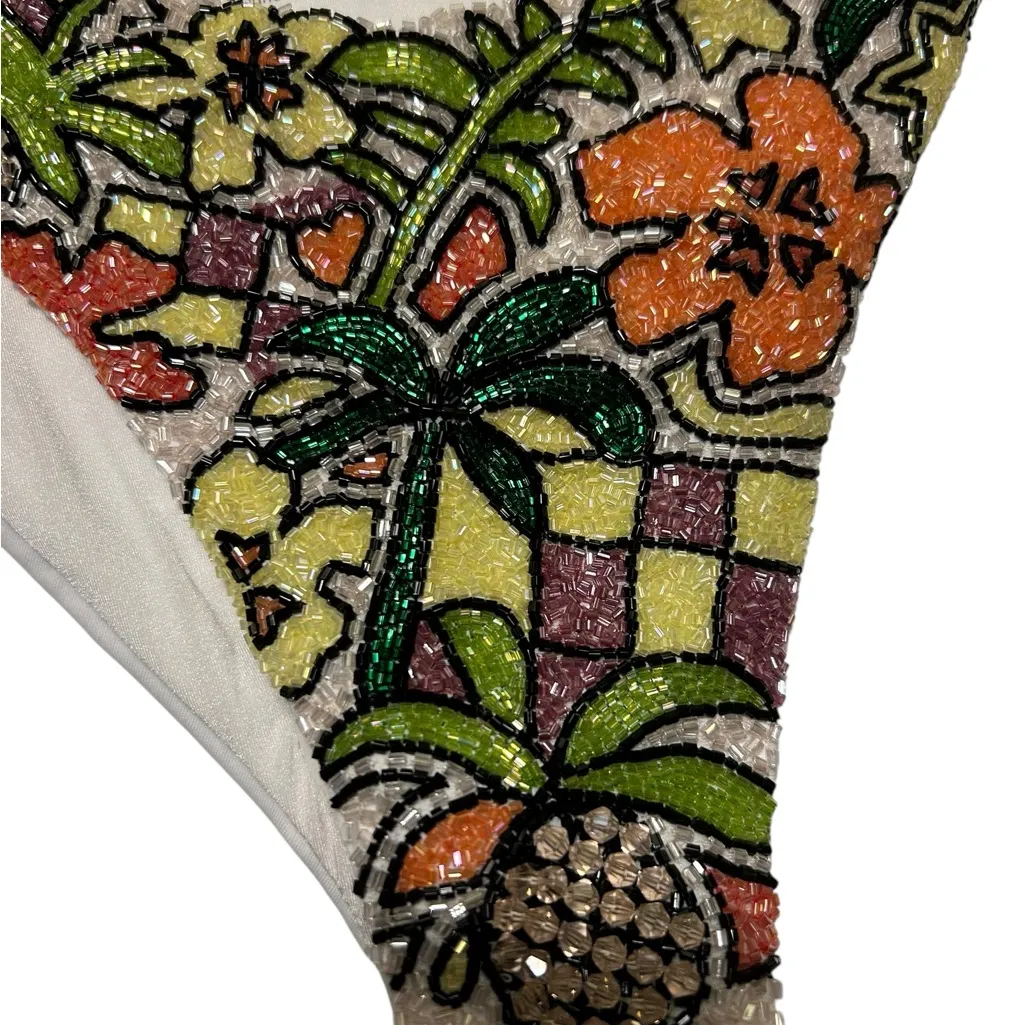 New Anthropologie Oceanus Swimwear Bikini Bottom beaded white Medium pineapple - Image 2