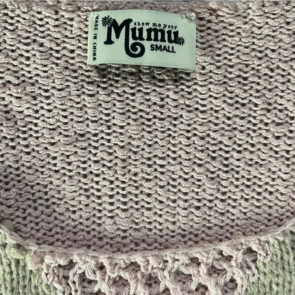 Show Me Your Mumu Pink Brown Knit Crochet Bubbly Sleeve V Neck Sweater Size S - Image 4