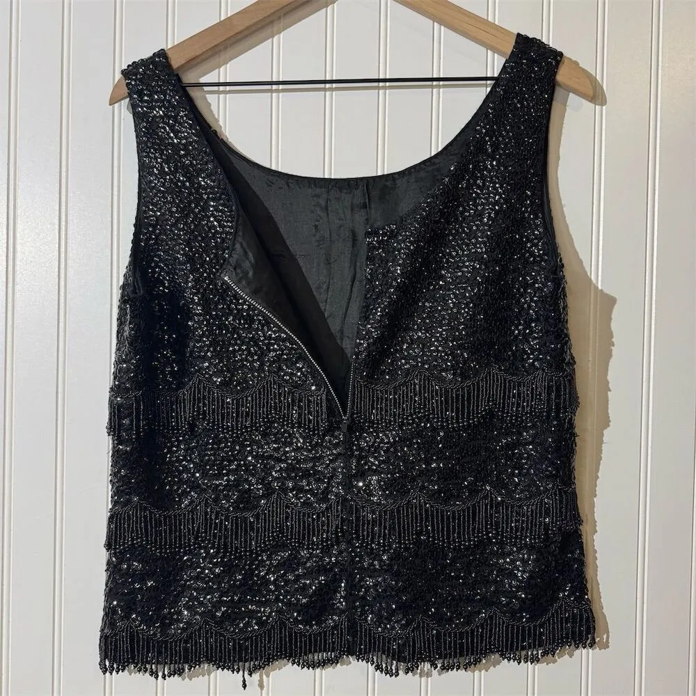 Vintage De Paul Originals 80s Beaded Sequin Top Black Flapper Gatsby Art Deco 40 Size L - Image 5