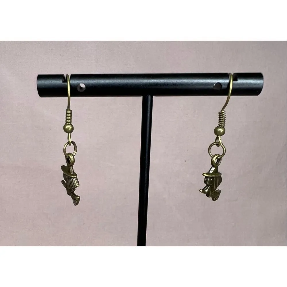 Handmade Dangly Bronze Witch On Broomstick Earrings - Image 3