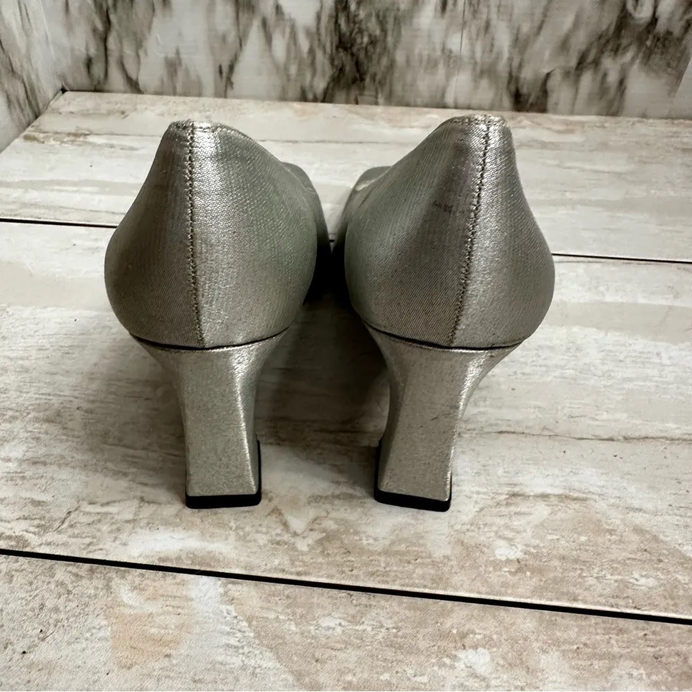 Vintage Stuart Weitzman Women Sz 6 1/2B Heels Silver Shimmer Sparkly Mid-Mod - Image 5