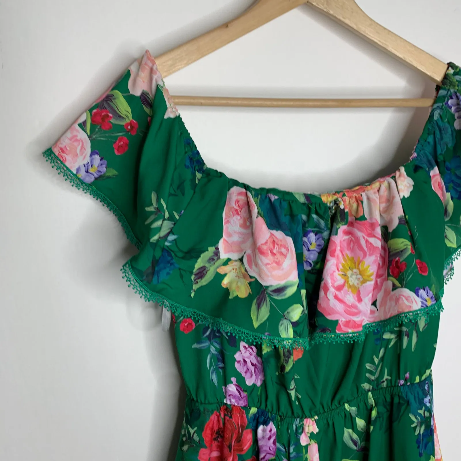 Marchesa Notte Emerald Roses Off Shoulder Mini Dress Womens 4 Green - Image 7