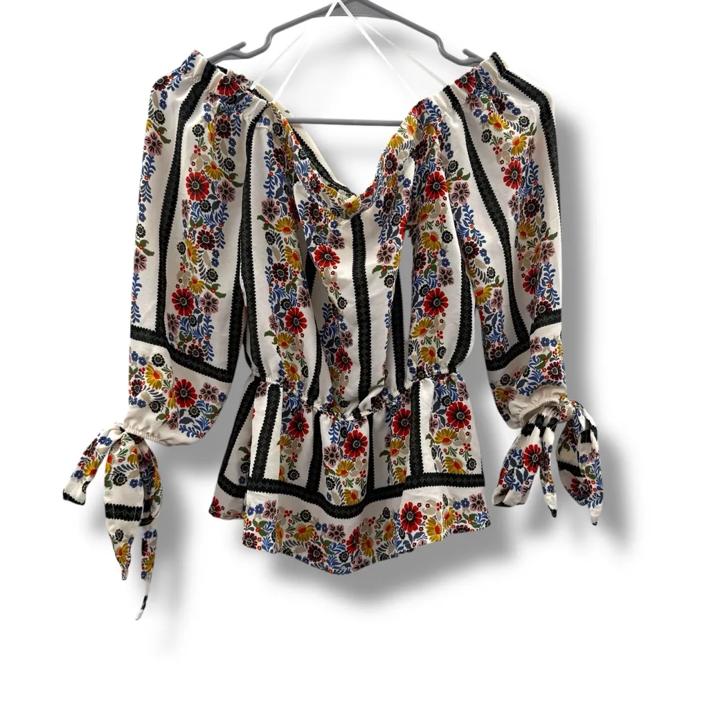 Anthropologie If By Sea White Black Stripe Multicolor Floral Off‎ Shoulder Top S - Image 3