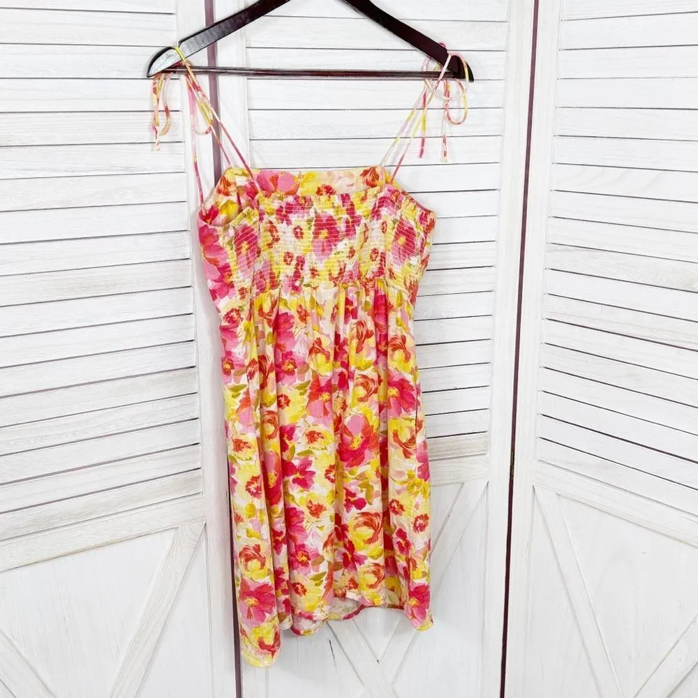 Old‎ Navy Floral Linen Tie Shoulder Cami Mini Dress Sundress Pink Yellow Small - Image 9