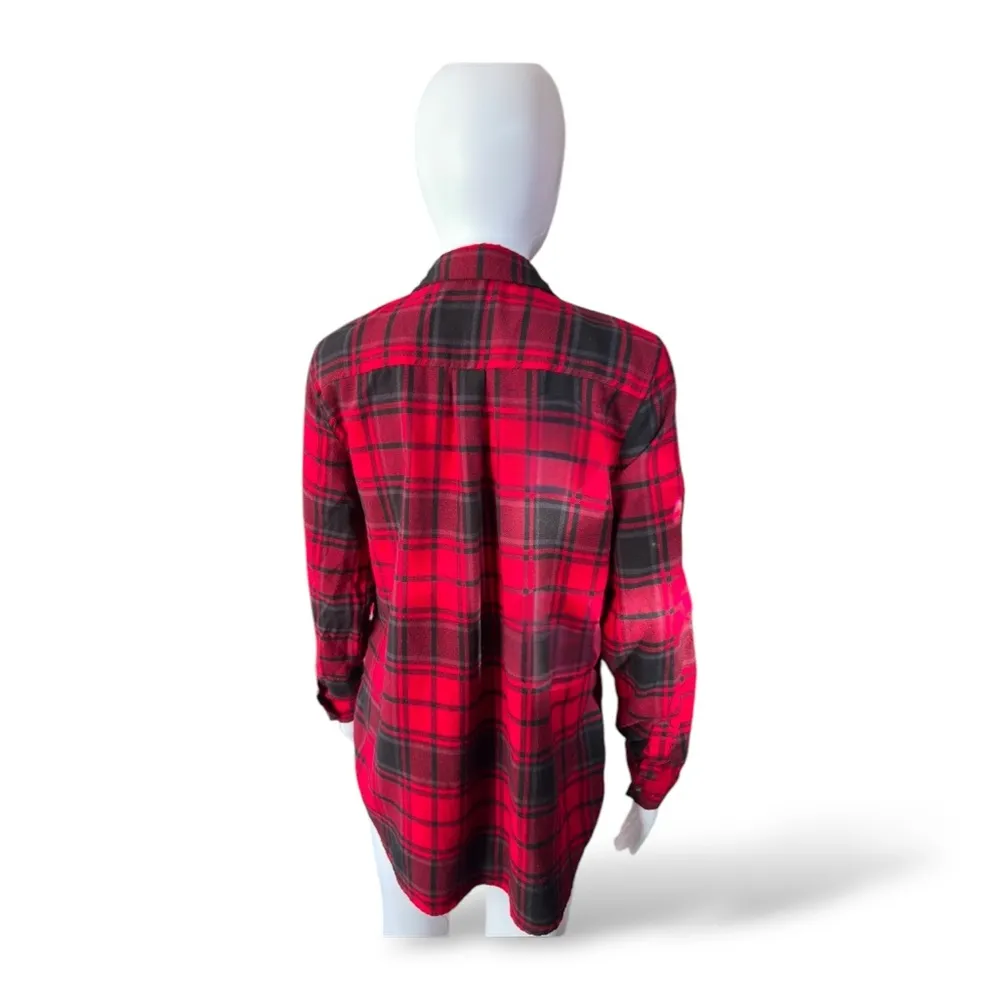 Red Black Buffalo Check Flannel Shirt Long Sleeve Loose Fit Size S - Image 3