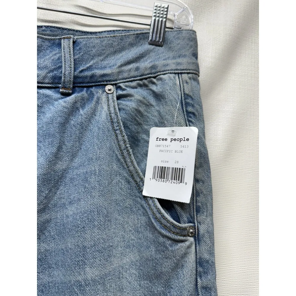 We The Free People Jeans Sz 28 Blue Straight Leg High Rise Raw Hem Boho Festival - Image 7