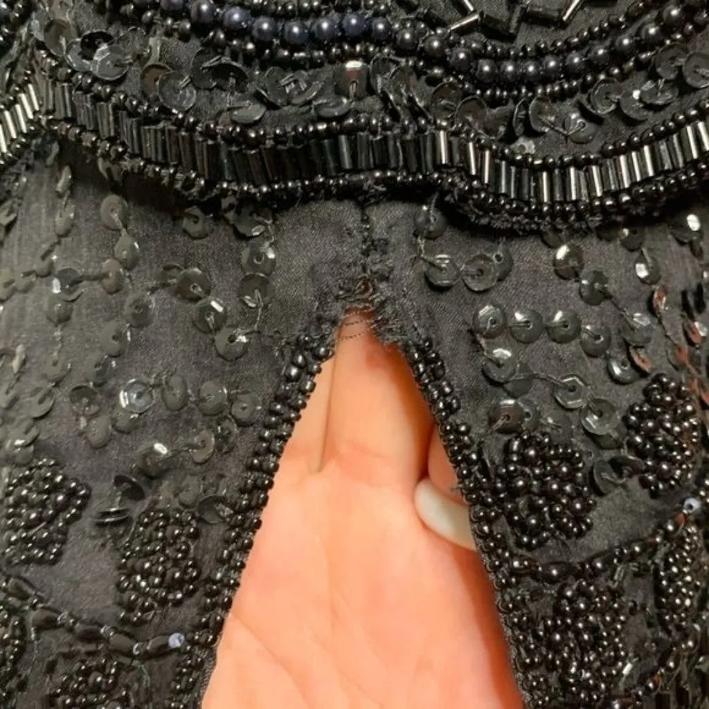 Vintage Brilliante Beaded Silk Dress Size Small Black Tiered Short Sleeve - Image 8