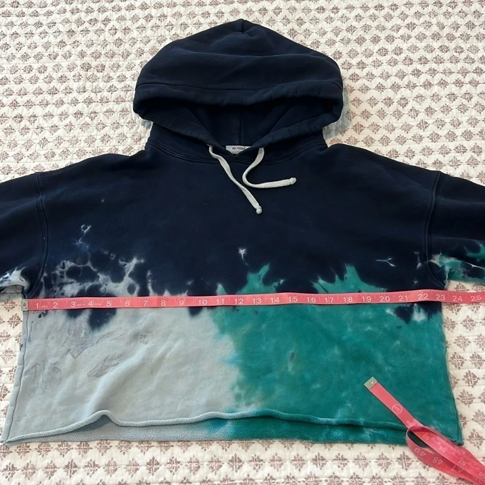 Re/Done Originals Cropped Cotton Hoodie Teal Tie-Dye Size Small - Image 10