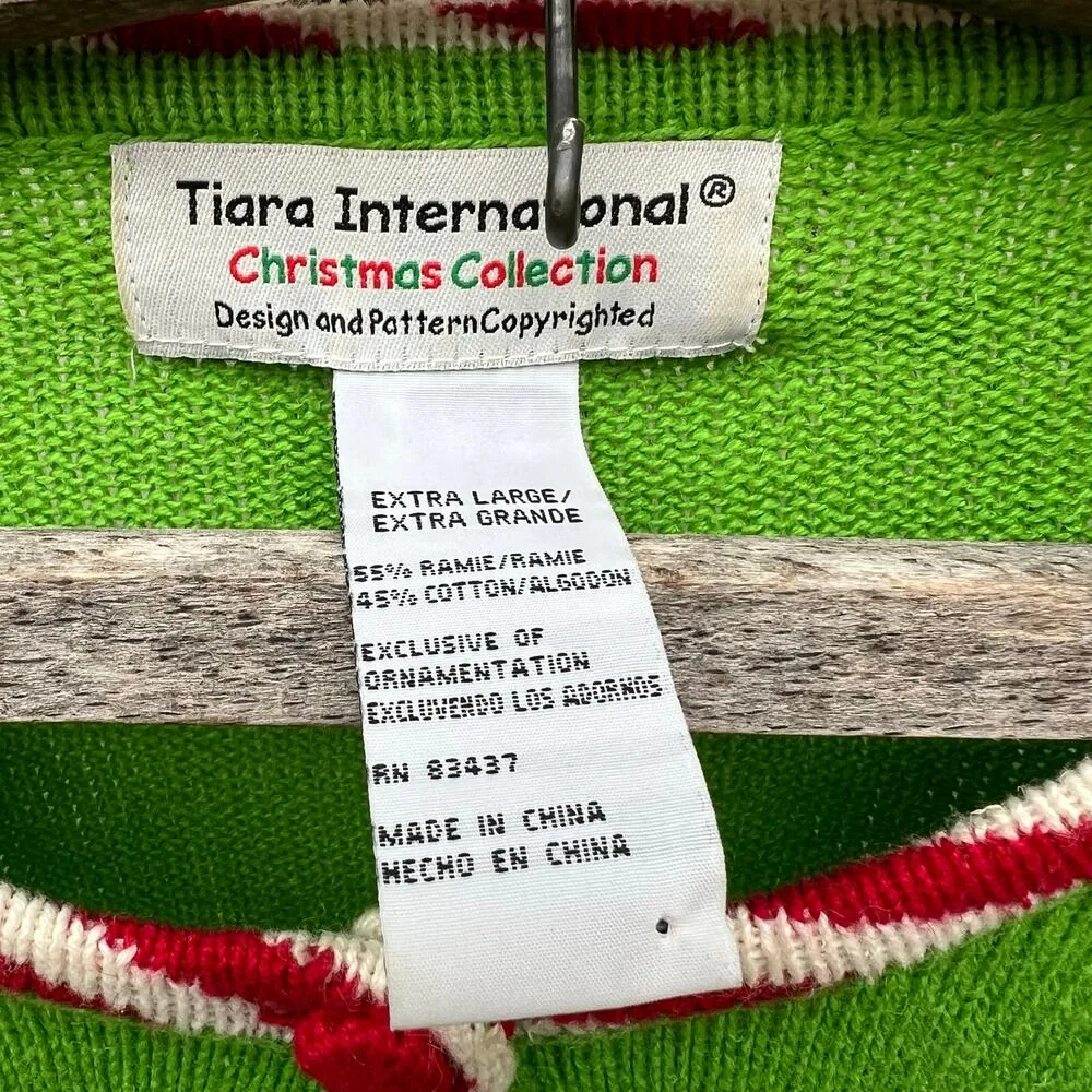 VTG Y2K Tiara International Neon Green Santa Ugly Christmas Sweater Cardigan XL - Image 2
