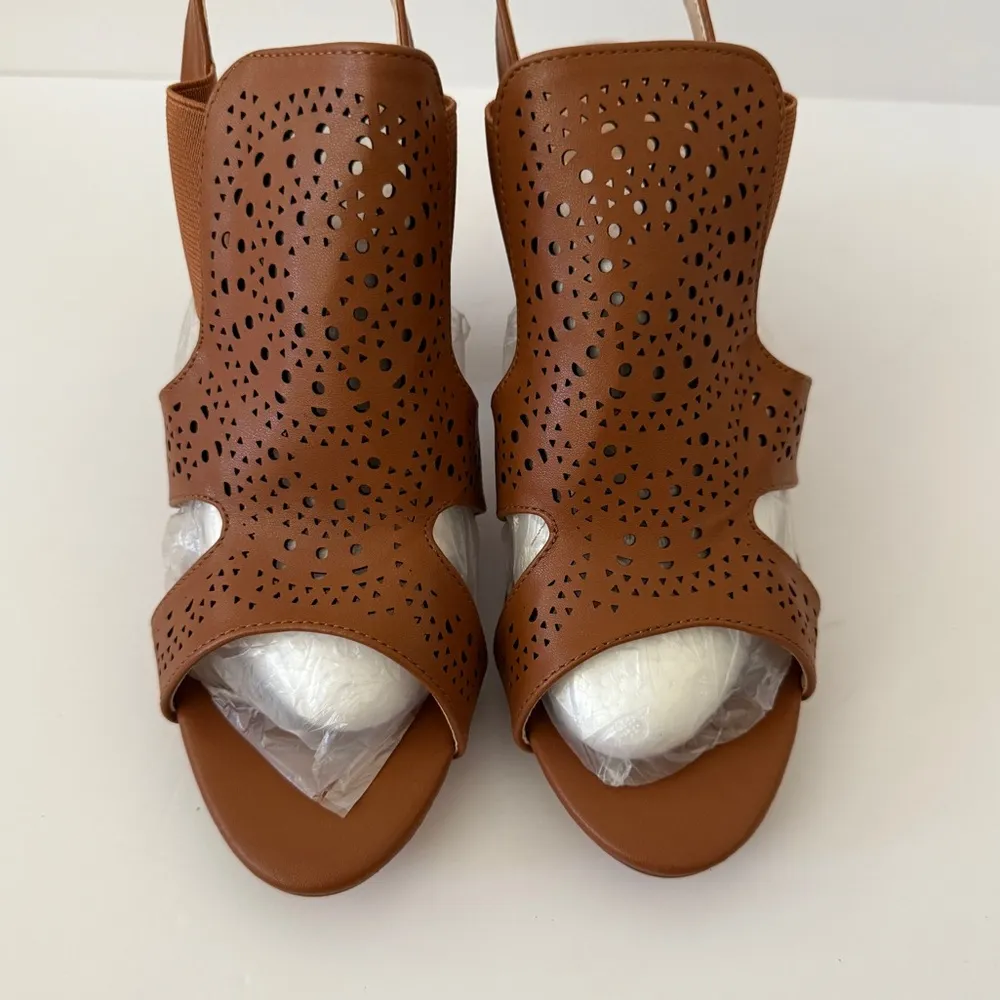 Summer Cutout Heeled Sandals Slingback Peep Toe Chunky Comfort Size 8 Heel Boho Brown - Image 12