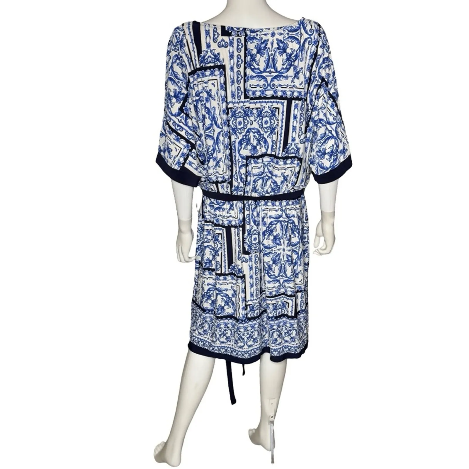 R & M Richards Plus Size Printed Blouson A-Line Dress White/Denim Sz 20W - Image 6