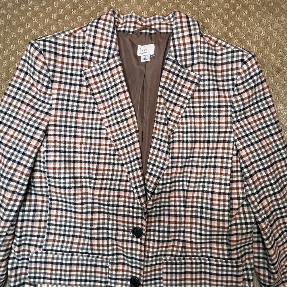 A NEW DAY Autumn Plaid 2 Button Blazer Jacket Brown Preppy Academia Old Money - Image 6