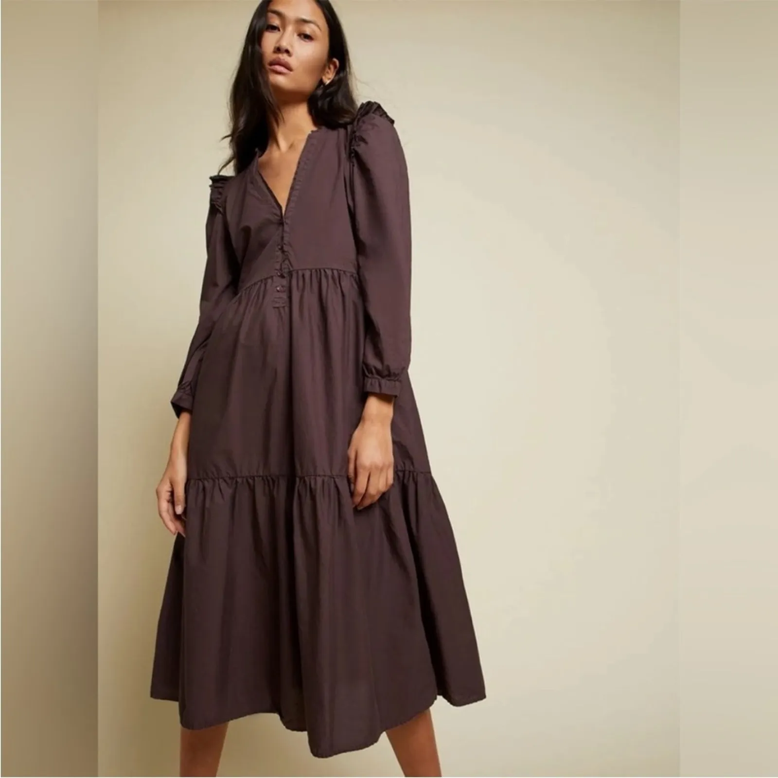 NATION LTD DALIA VICTORIAN DRESS in brown ruffle boho bohemian midi MEDIUM - Image 3