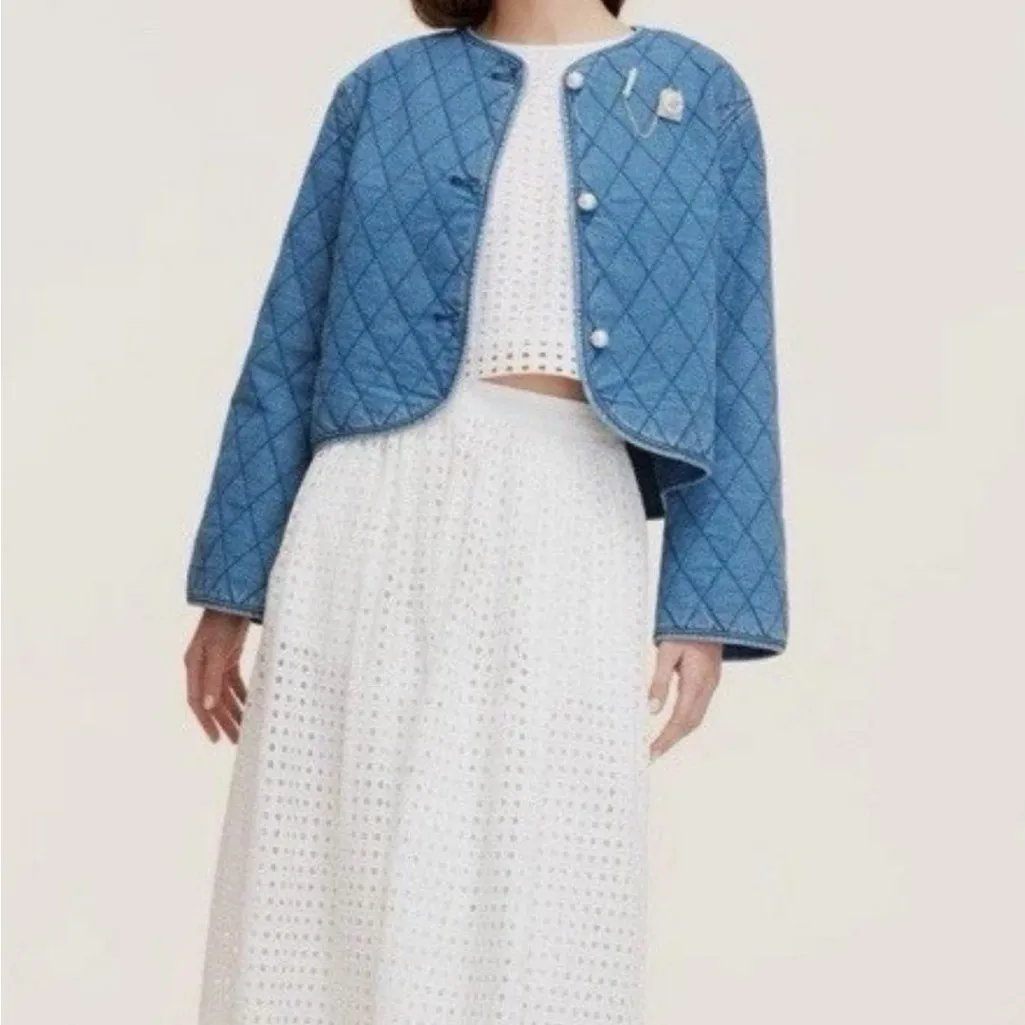 Kate Spade Quilted Denim Jacket XL Blue Pearl Button Front Women’s Casual Coat - Image 2