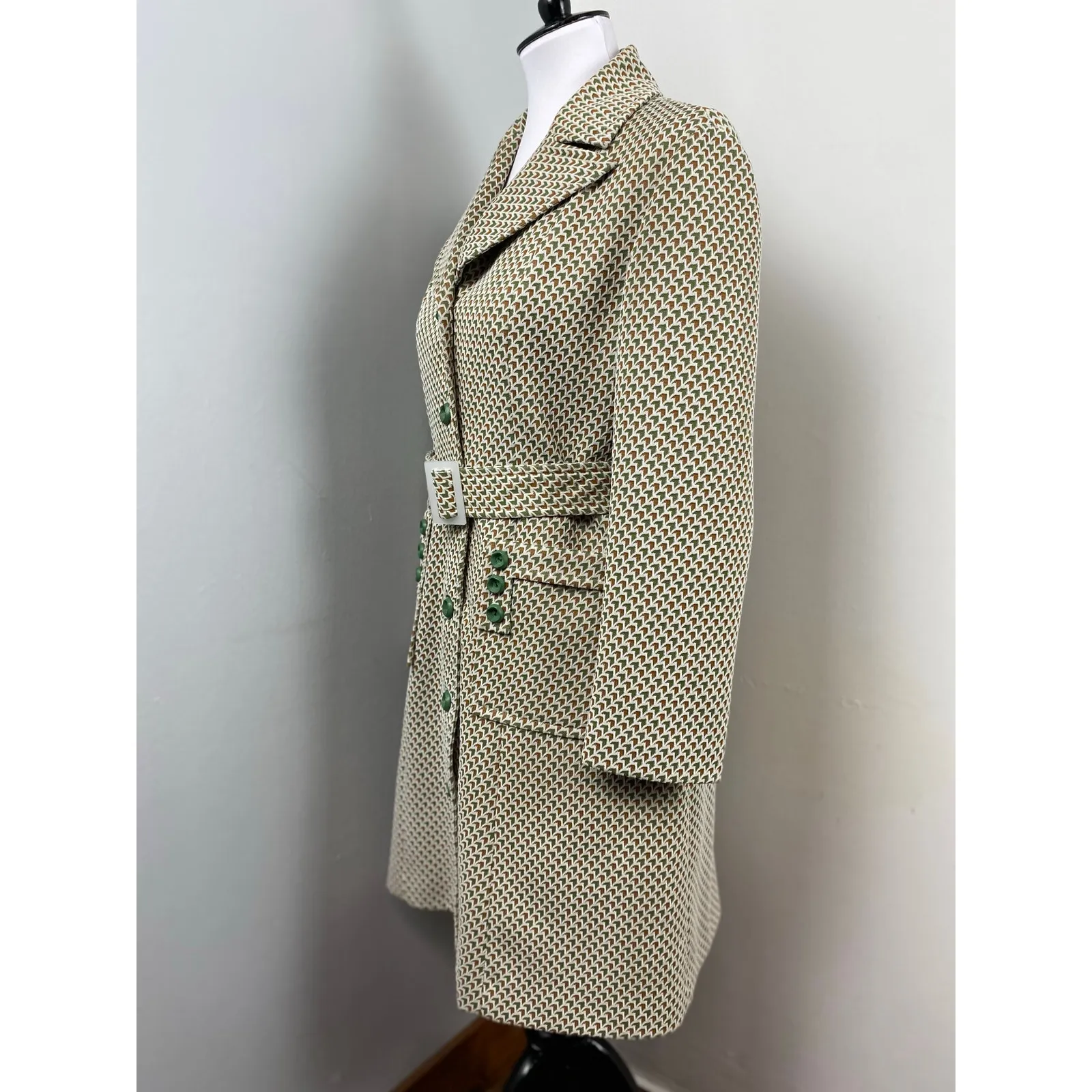 Vintage Lan Siang 70s Geometric Button Front Long Blazer Pea Coat MCM Medium Green - Image 9