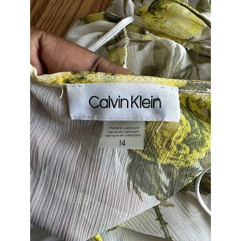 CALVIN KLEIN Women’s Lemon Print Deep V Neck Maxi Hi Low Dress 3/4 Sleeve Sz 14 - Image 5