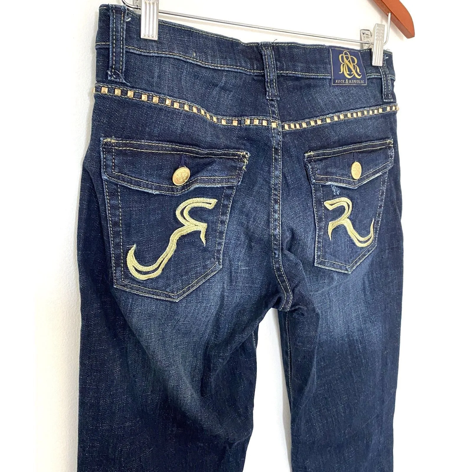 Rock & Republic Kasandra Y2K Dark Wash Bootcut Jeans Gold Studs Distressed Sz 10 - Image 4