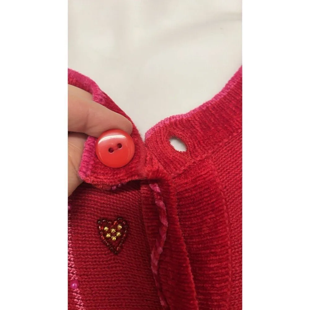 The Quacker Factory Valentine Cardigan Sweater Beaded Hearts Red/Pink Medium - Image 7