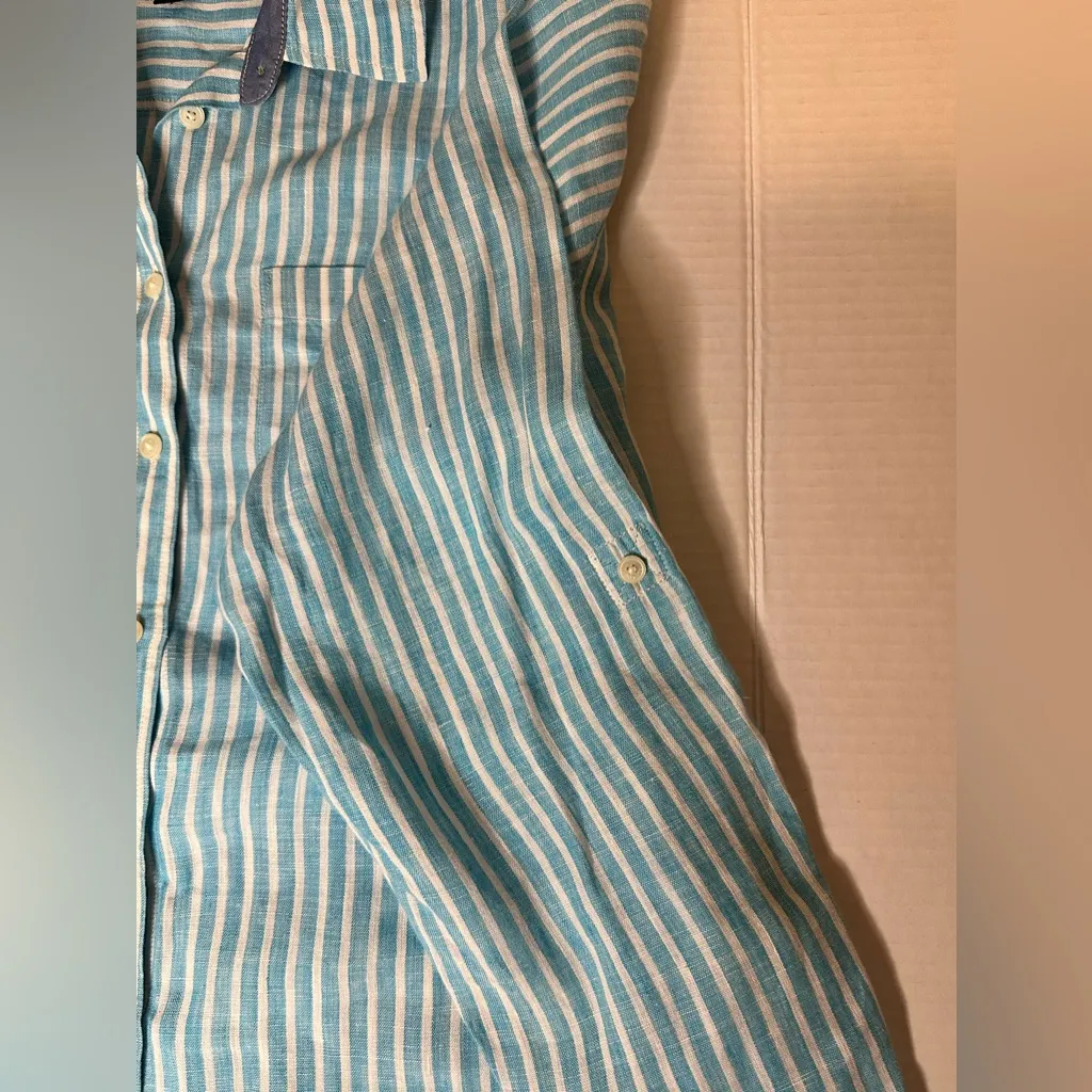 Talbots striped linen button up long sleeve small white and baby blue collared‎ - Image 9